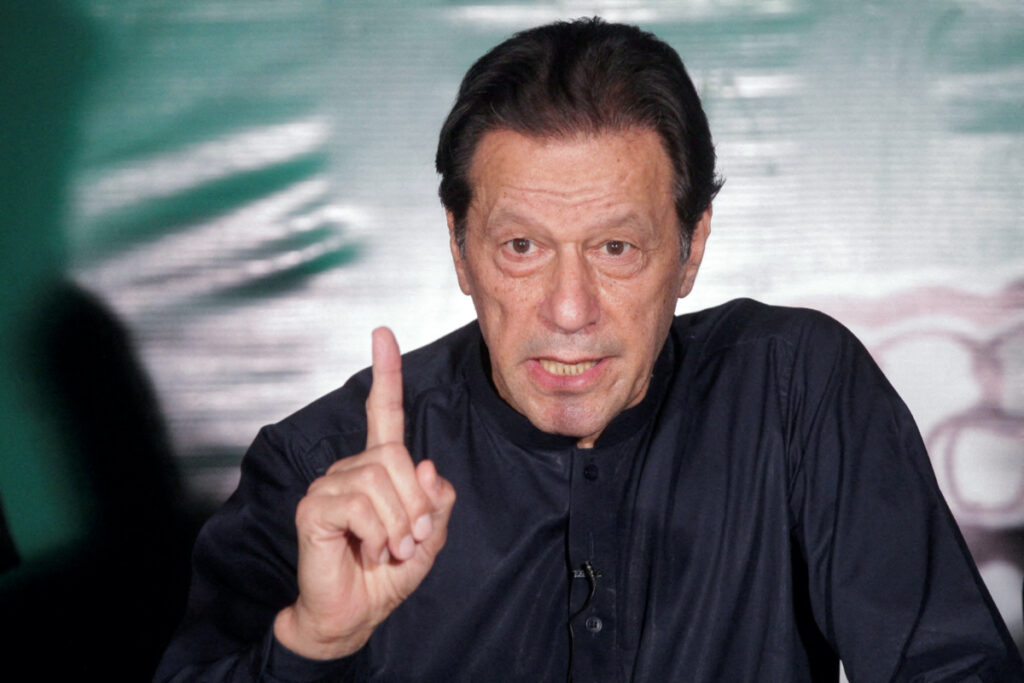 Pakistan's former Prime Minister Imran Khan gestures as he speaks to the members of the media at his residence in Lahore, Pakistan, on 18th May, 2023.