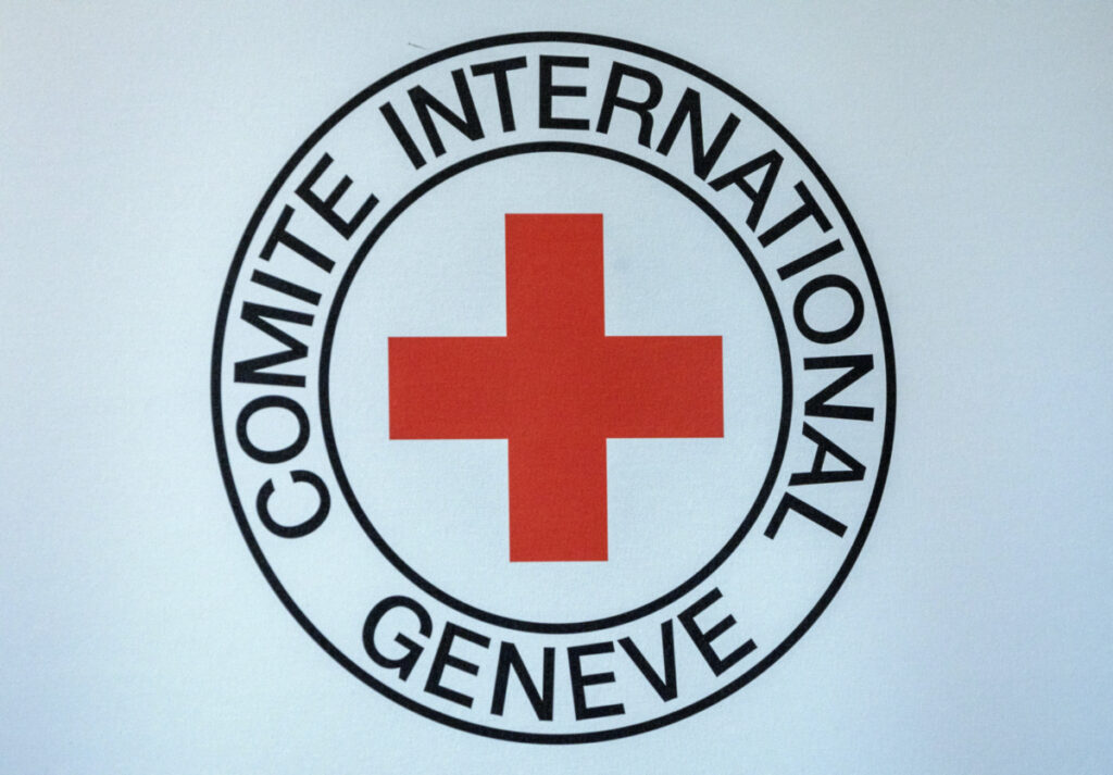 Logo of the ICRC is seen during the press conference of Robert Mardini, Director-General of the International Committee of the Red Cross in Geneva, Switzerland, on 11th September, 2023.