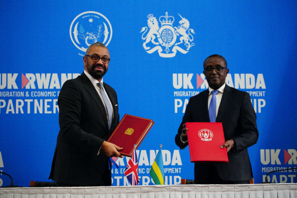 British Home Secretary James Cleverly and Rwandan Minister of Foreign Affairs Vincent Biruta sign a new treaty, in Kigali, Rwanda, on 5th December, 2023