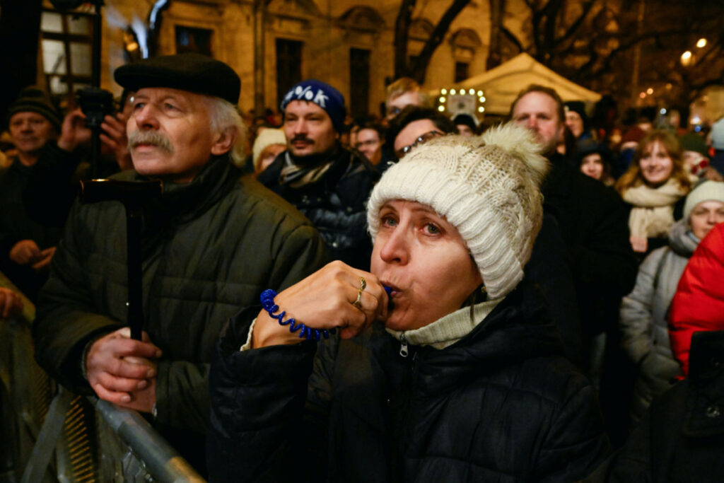Demonstrators take part in a protest against the government's plan to scrap a special prosecutor's office, in Bratislava, Slovakia, on 19th December, 2023