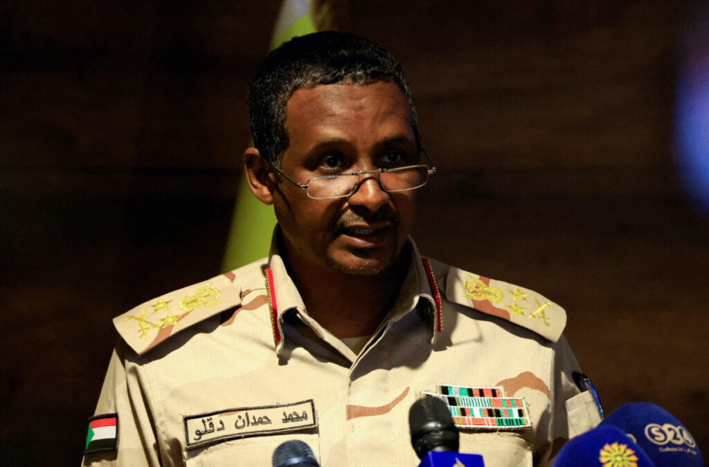 Deputy head of Sudan's sovereign council General Mohamed Hamdan Dagalo speaks during a press conference at Rapid Support Forces head quarter in Khartoum, Sudan on 19th February, 2023