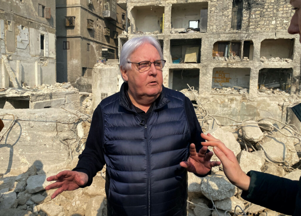 United Nations Under-Secretary-General for Humanitarian Affairs and Emergency Relief Coordinator Martin Griffiths gestures as he stands near damaged buildings, in the aftermath of a deadly earthquake, in Aleppo, Syria, on 13th February, 2023