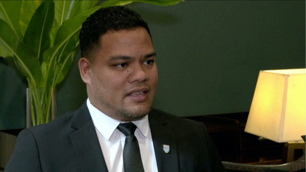 Tuvalu foreign minister Simon Kofe speaks during an interview with Reuters at Grand Pacific Hotel in Suva, Fiji, on 11th July, 2022 in this screen grab from a video.