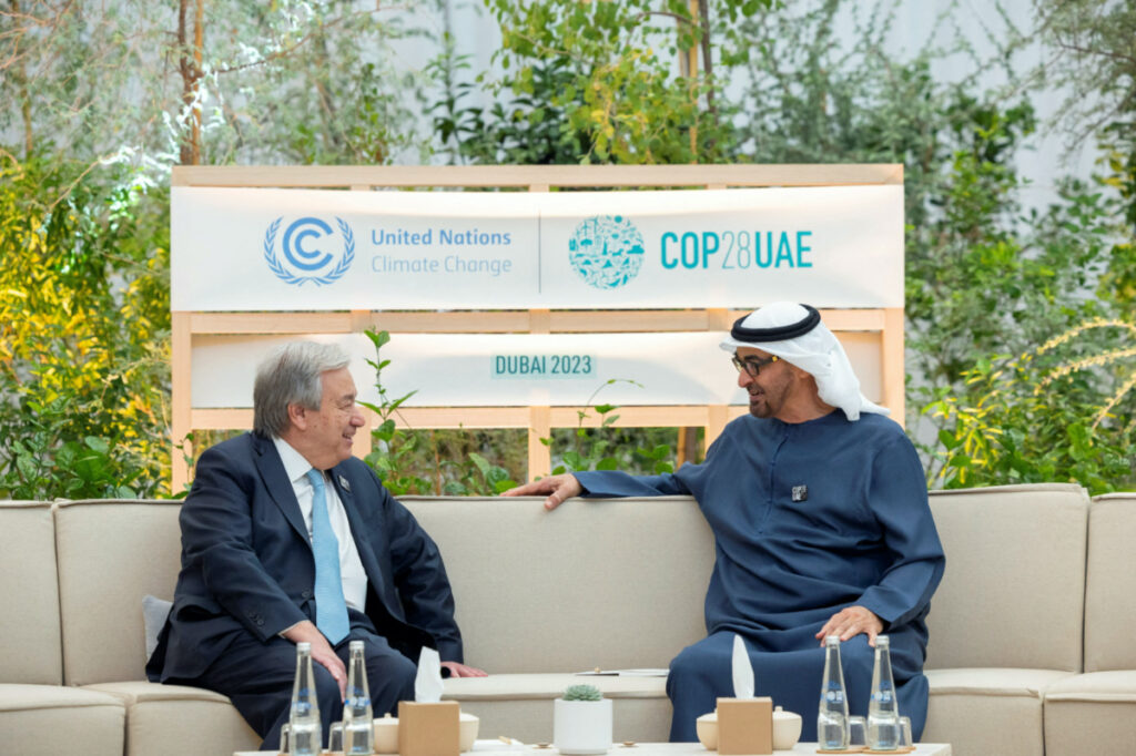 President of the United Arab Emirates Sheikh Mohamed bin Zayed Al Nahyan attends a meeting with Secretary-General of the United Nations Antonio Guterres, within the United Nations Climate Change Conference, in Dubai, United Arab Emirates, on 3rd December, 2023.