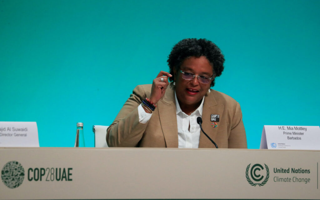 Barbados' Prime Minister Mia Amor Mottley speaks at a press conference at COP28 World Climate Summit, in Dubai United Arab Emirates, on 4th December, 2023