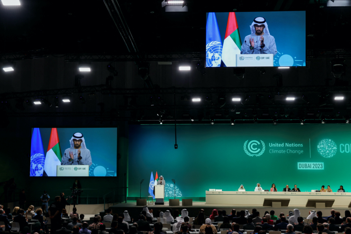United Arab Emirates Minister of Industry and Advanced Technology and COP28 President Sultan Ahmed Al Jaber addresses the plenary, after a draft of a negotiation deal was released, at the United Nations Climate Change Conference COP28 in Dubai, United Arab Emirates, on 13th December, 2023.