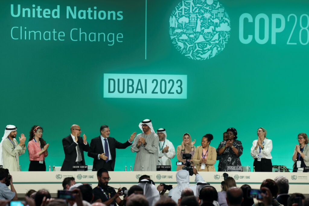 United Arab Emirates Minister of Industry and Advanced Technology and COP28 President Sultan Ahmed Al Jaber attends the plenary, after a draft of a negotiation deal was released, at the United Nations Climate Change Conference COP28 in Dubai, United Arab Emirates, on 13th December, 2023