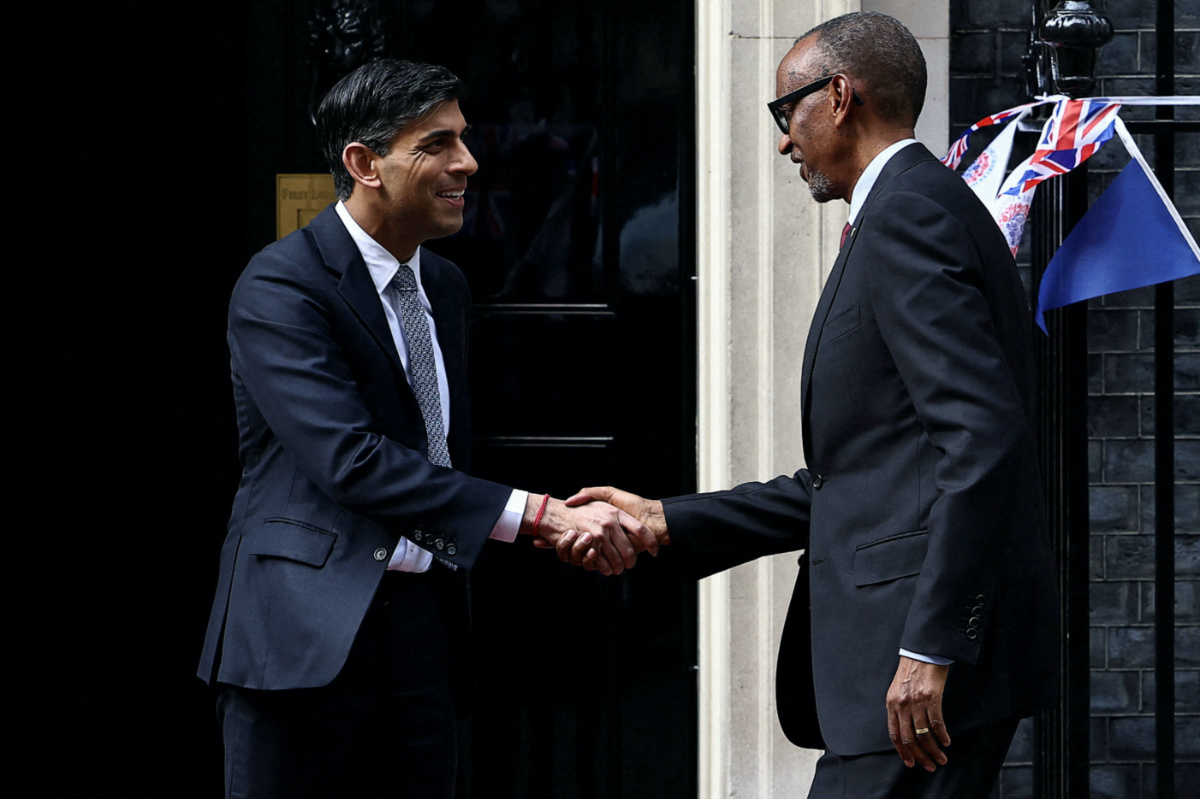 British Prime Minister Rishi Sunak shakes hands with Rwandan President Paul Kagame at Downing Street in London, Britain on 4th May, 2023