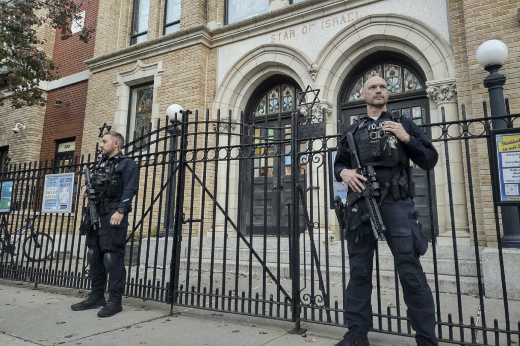 Hoboken Police officers stand watch outside the United Synagogue of Hoboken, on 3rd November, 2022, in Hoboken, New Jersey