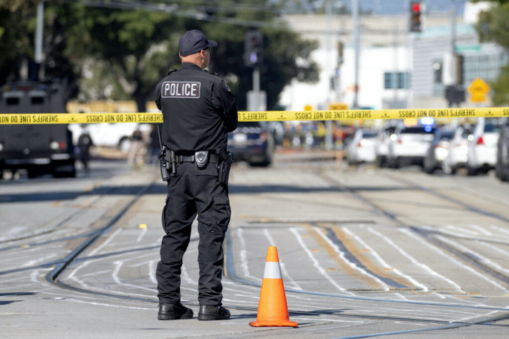 Police secure the scene of a mass shooting at a rail yard run by the Santa Clara Valley Transportation Authority in San Jose, California, US, on 26th May, 2021.