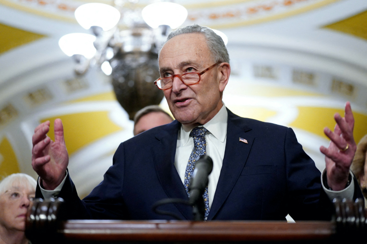 US Senate Majority Leader Chuck Schumer speaks to reporters after the weekly senate party caucus luncheons at the US Capitol in Washington, DC, US, on 5th December, 2023.