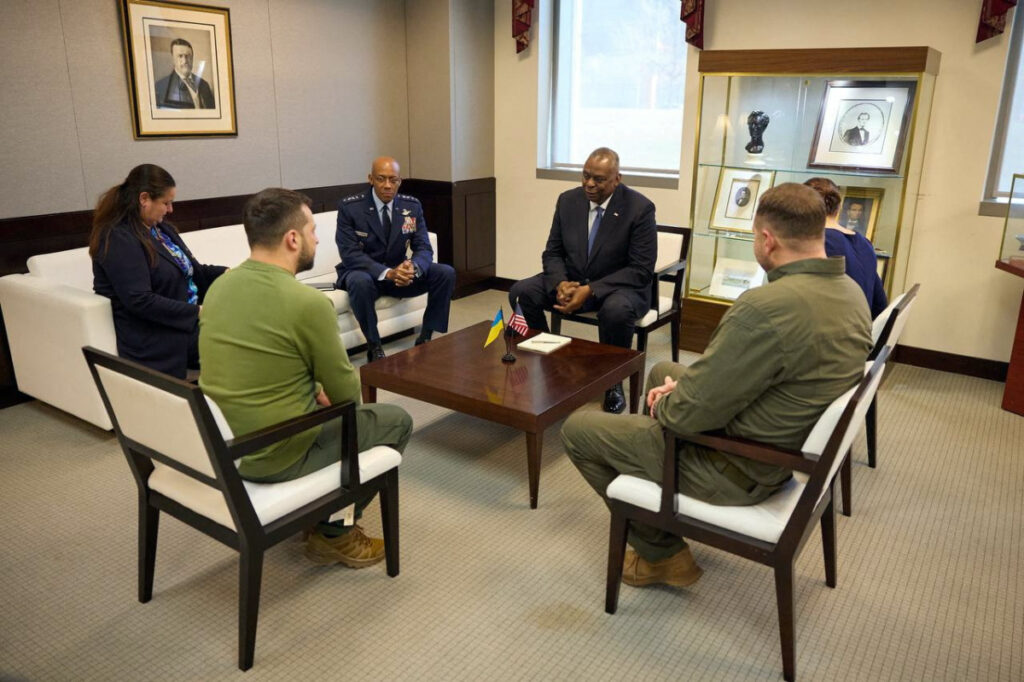 Ukraine's President Volodymyr Zelenskiy attends a meeting with US Secretary of Defense Lloyd Austin and Chairman of the Joint Chiefs of Staff and Air Force General Charles Q Brown, at the National Defense University in Washington, US, on 11th December, 2023.