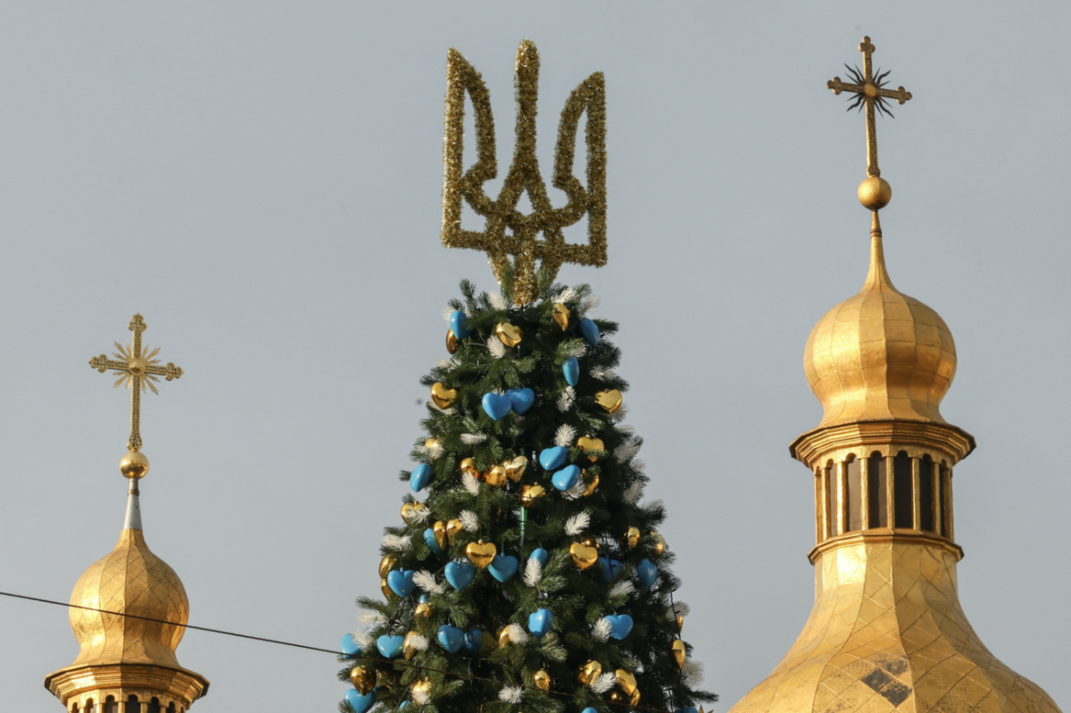 A view shows a Christmas tree in front of the Saint Sophia Cathedral as Ukrainians around the country are gearing up to celebrate their first Christmas according to a Western calendar, amid Russia's attack on Ukraine, in Kyiv, Ukraine, on 20th December, 2023
