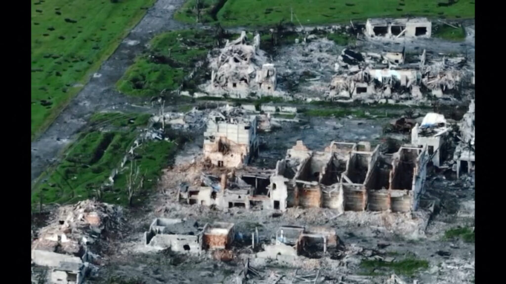 A drone view shows the remains of Maryinka city that was destroyed by the Russians, as Russia's attack on Ukraine continues, in Maryinka, Donetsk Region, Ukraine, on 12th May, 2023