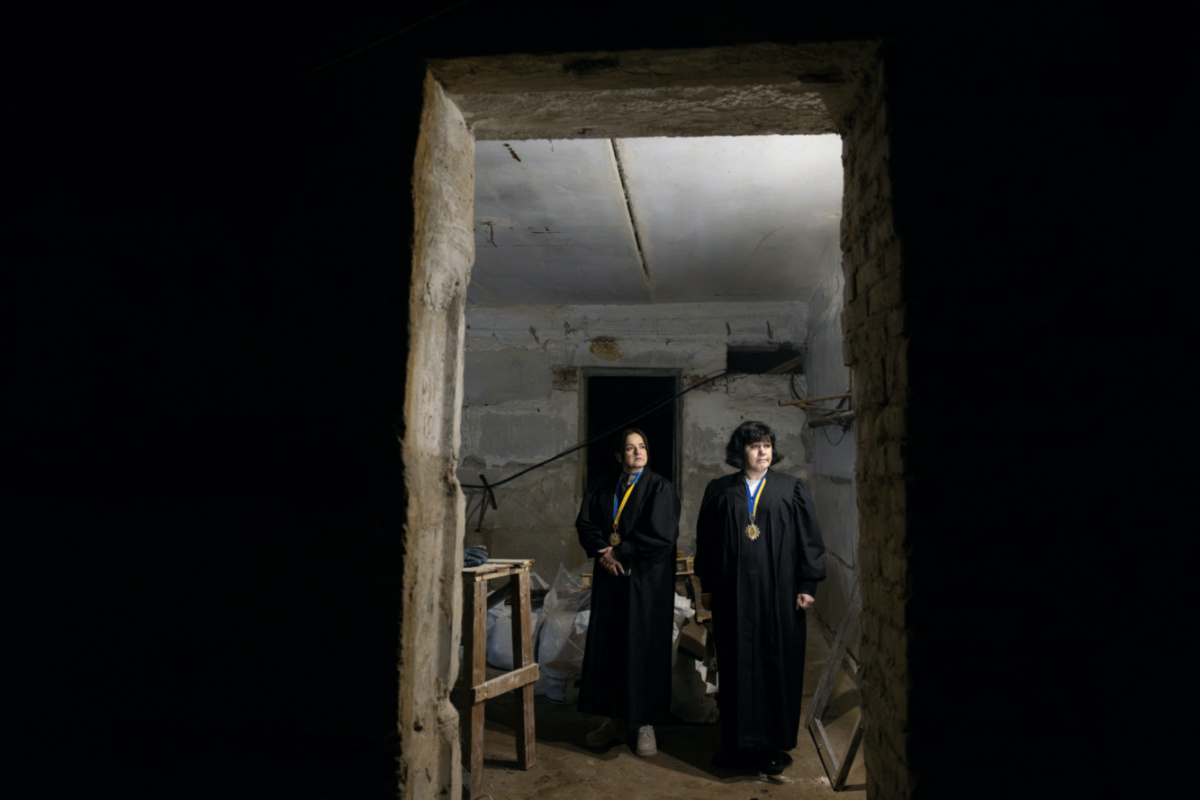 Judges Vasylyna Liubchyk and Vladlena Korneieva inspect construction work in their courthouse basement that is being turned into a bomb shelter in a town near the front line, in the Donetsk region, amid Russia’s attack on Ukraine, on 13th December, 2023.