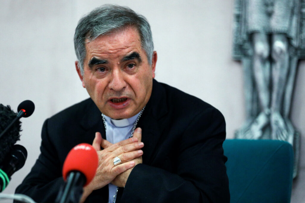 Cardinal Giovanni Angelo Becciu, who has been caught up in a real estate scandal, speaks to the media a day after he resigned suddenly and gave up his right to take part in an eventual conclave to elect a pope, near the Vatican, in Rome, Italy, on 25th September, 2020.