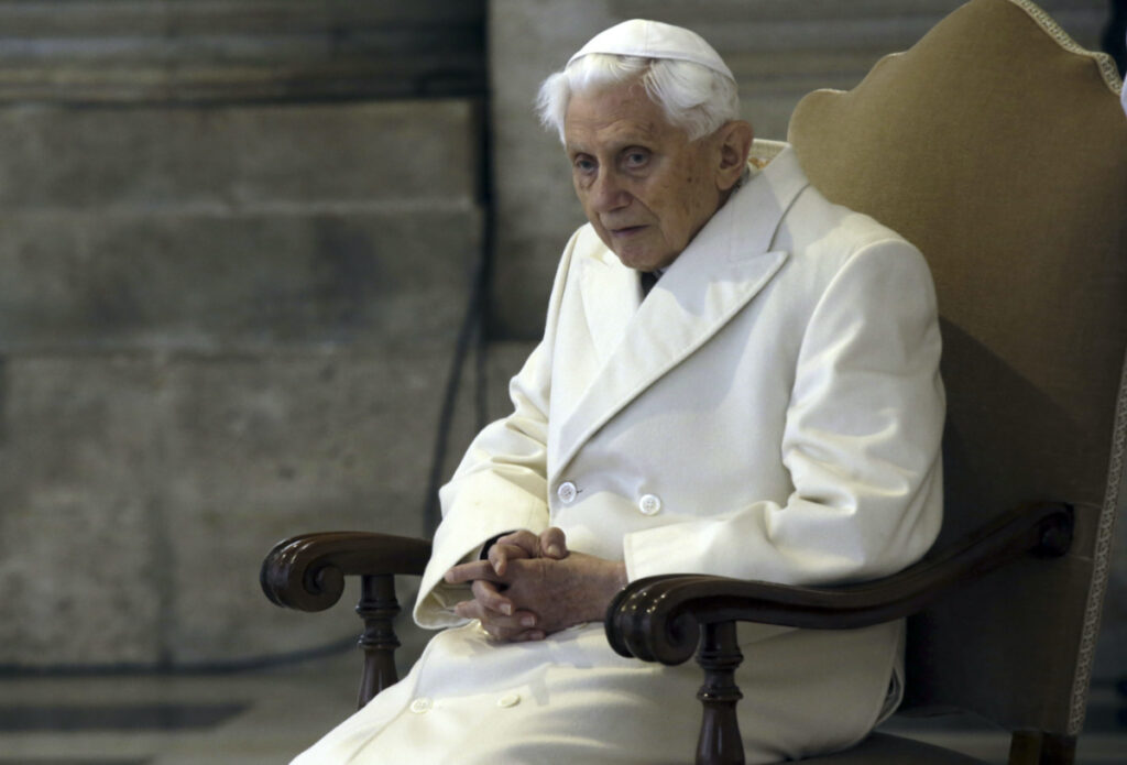 Pope Emeritus Benedict XVI sits in St Peter's Basilica as he attends the ceremony marking the start of the Holy Year, at the Vatican, on 8th December, 2015.