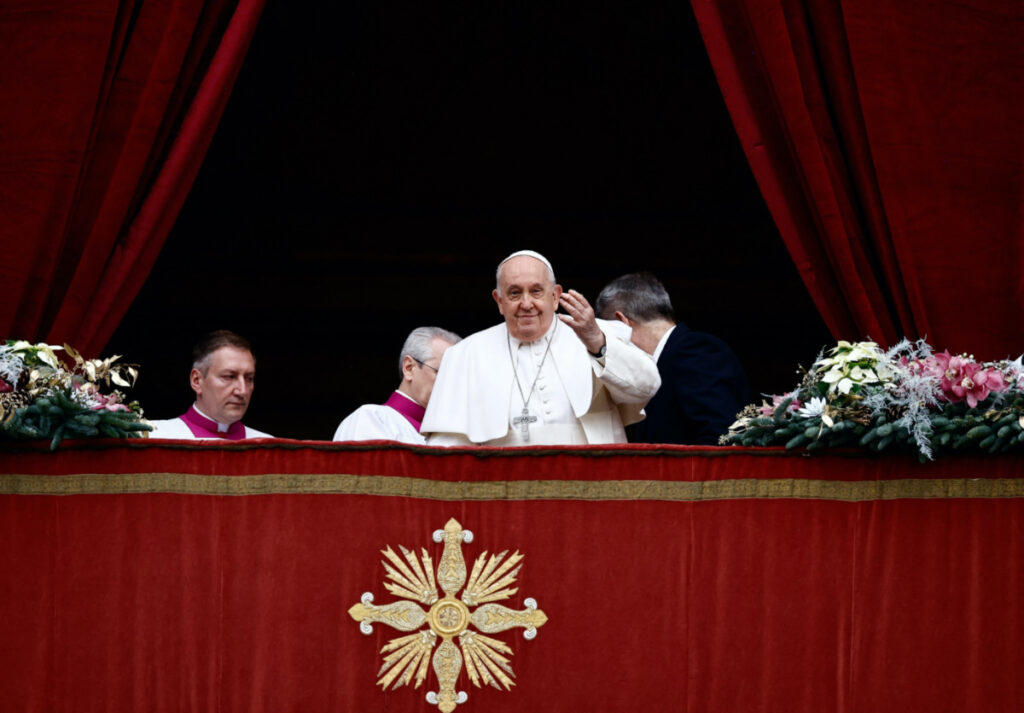 Pope Francis delivers his traditional Christmas Day Urbi et Orbi message to the city and the world from the main balcony of St Peter's Basilica at the Vatican, on 25th December, 2023.