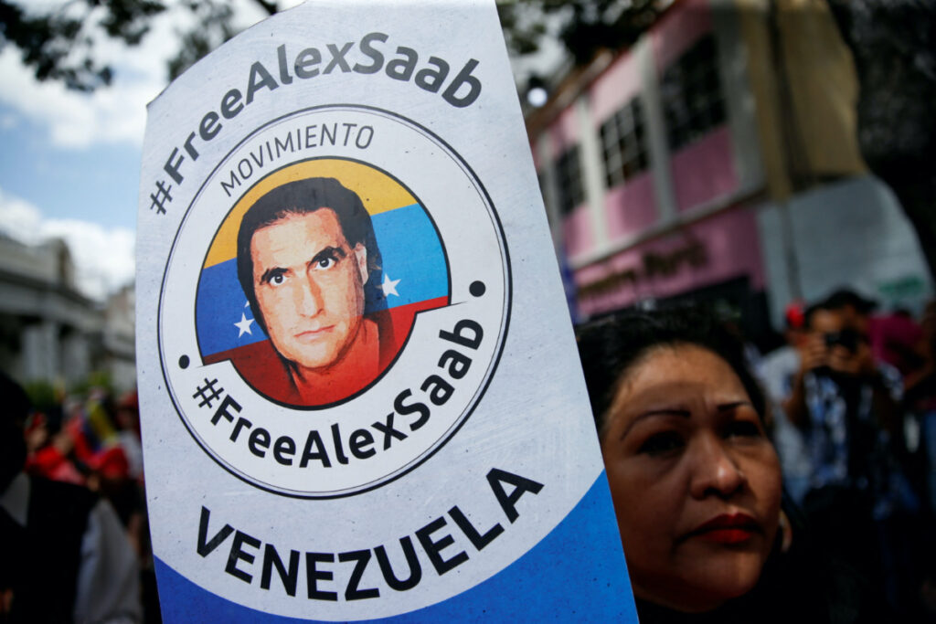 A demonstrator of the "Free Alex Saab" movement participates in a rally in front of the National Assembly of Venezuela demanding the release of Saab, a Colombian businessman with Venezuelan ties who was extradited to the US on a charge of money laundering, in Caracas, Venezuela on 16th December, 2022