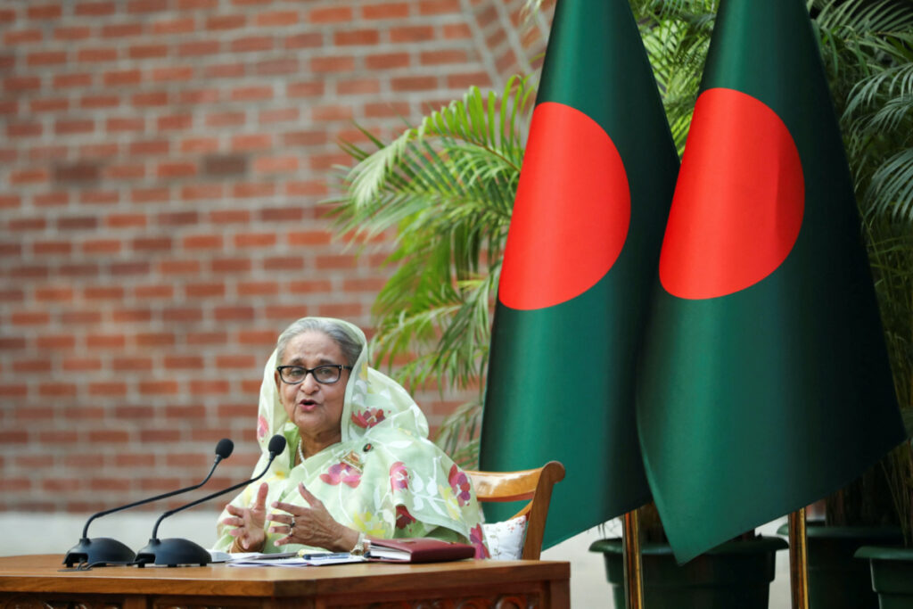 Sheikh Hasina, the newly elected Prime Minister of Bangladesh and Chairperson of Bangladesh Awami League, gestures during a meeting with foreign observers and journalists at the Prime Minister's residence in Dhaka, Bangladesh, on 8th January, 2024.
