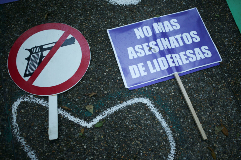 A sign reading "No more murders of women leaders" is seen during a vigil to demand respect for the lives of demonstrators during the protests against the social and economic policy of the government of Colombian President Ivan Duque, in Bogota, Colombia, on 31st May, 2021