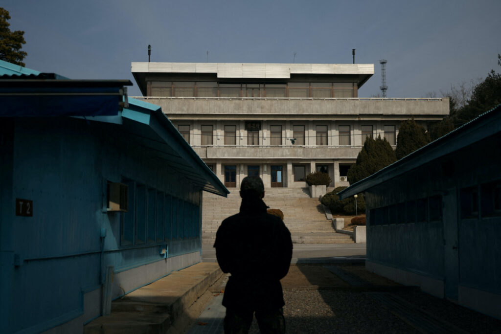 A South Korean soldier stands guard in the truce village of Panmunjom inside the demilitarized zone separating the two Koreas, South Korea, on 7th February, 2023.