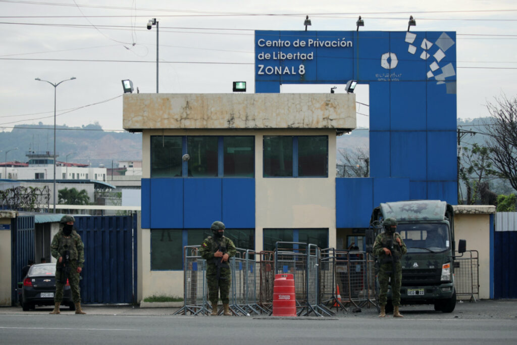 Soldiers keep watch outside the Zonal 8 prison after Ecuador's President Daniel Noboa declared a 60-day state of emergency following the disappearance of Adolfo Macias, leader of the Los Choneros criminal gang, from the prison where he was serving a 34-year sentence, in Guayaquil, Ecuador, on 11th January, 2024.