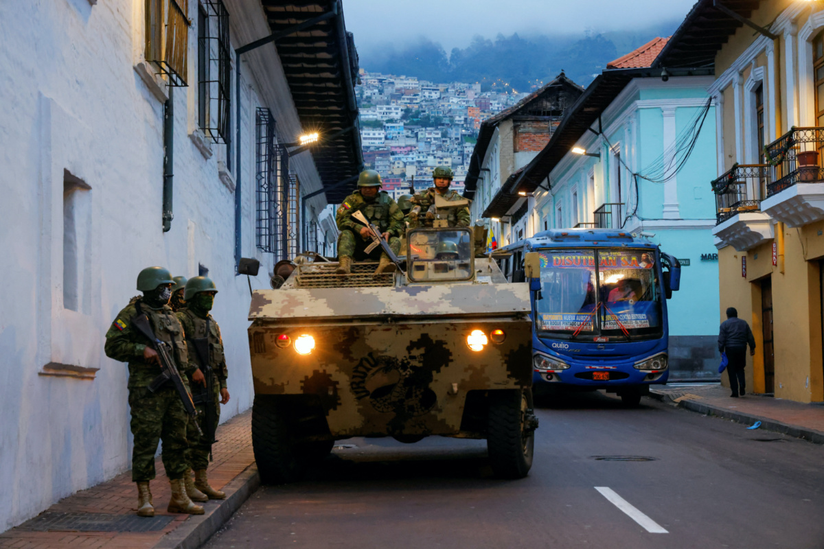 Soldiers in an armoured vehicle patrol the city's historic centre following an outbreak of violence a day after Ecuador's President Daniel Noboa declared a 60-day state of emergency following the disappearance of Adolfo Macias, leader of the Los Choneros criminal gang from the prison where he was serving a 34-year sentence, in Quito, Ecuador, on 9th January, 2024.