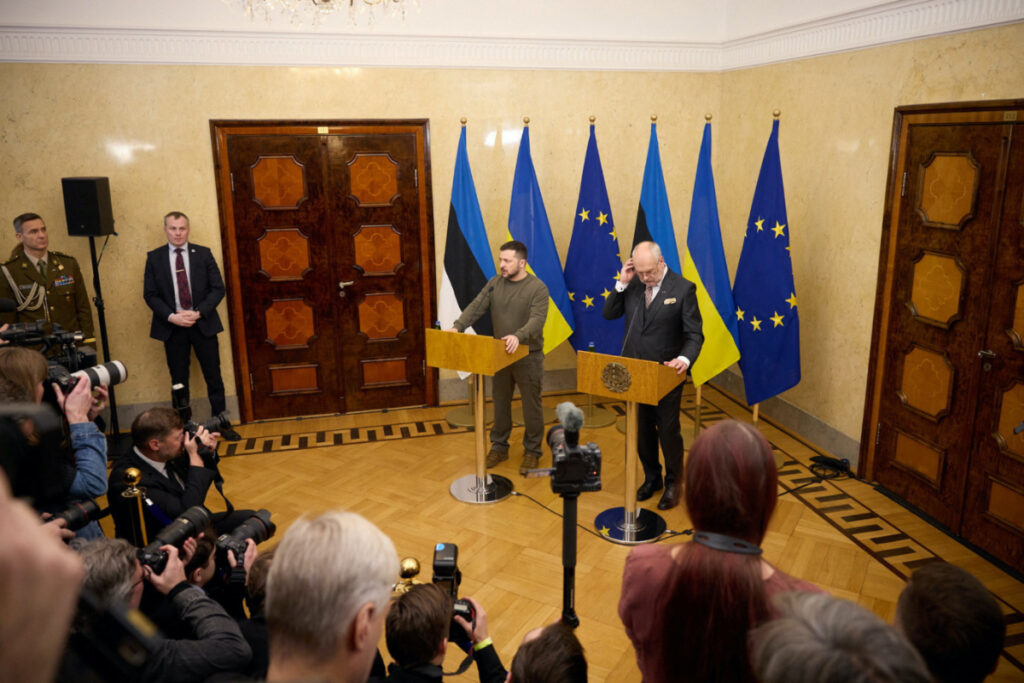 Ukraine's President Volodymyr Zelenskiy and Estonian President Alar Karis attend a joint press conference in Tallinn, Estonia, on 11th January, 2024