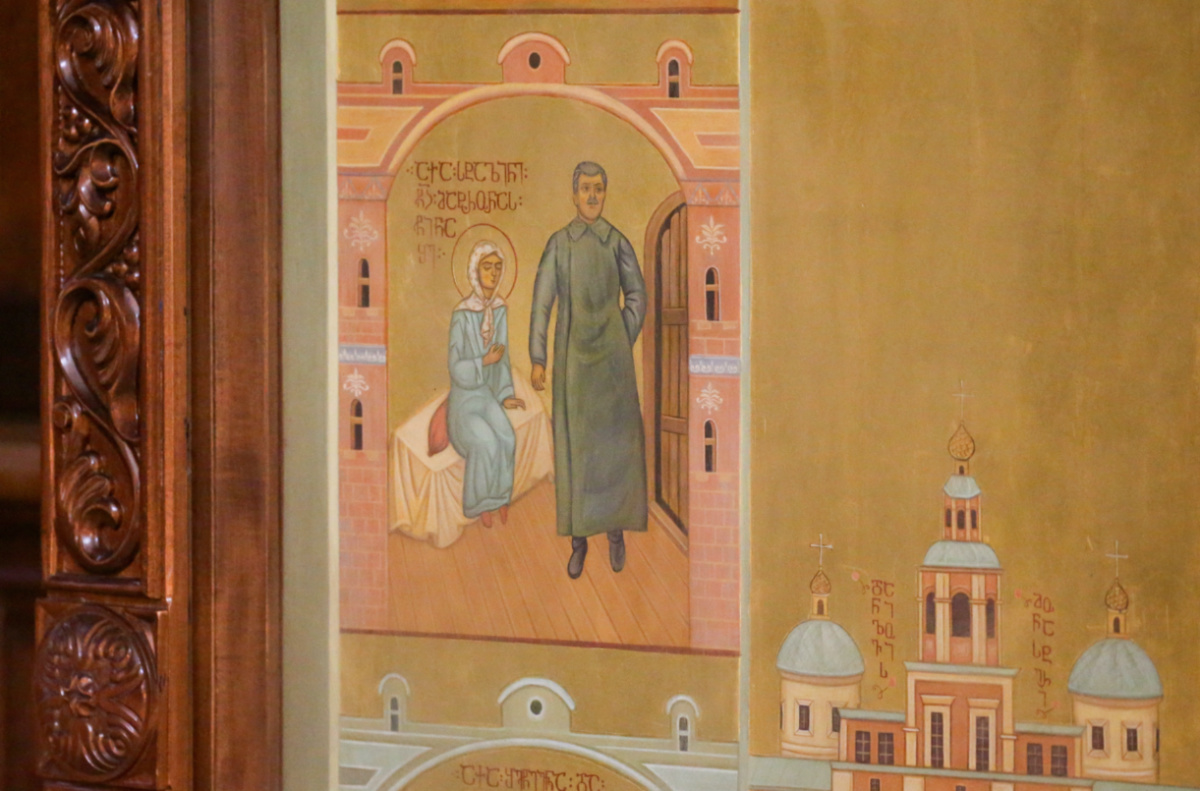 A view shows an icon, an element of which depicts Soviet leader Joseph Stalin being blessed by Russian Orthodox saint Matrona of Moscow, and that was recently defaced with paint in an act of protest amid controversy over the icon’s apparent honouring of Stalin, at the Holy Trinity Cathedral in Tbilisi, Georgia, on 10th January, 2024.