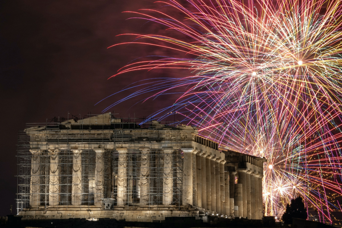 Fireworks explode over the ancient Parthenon temple atop the Acropolis hill during New Year's Day celebrations, in Athens, Greece, on 1st January, 2024