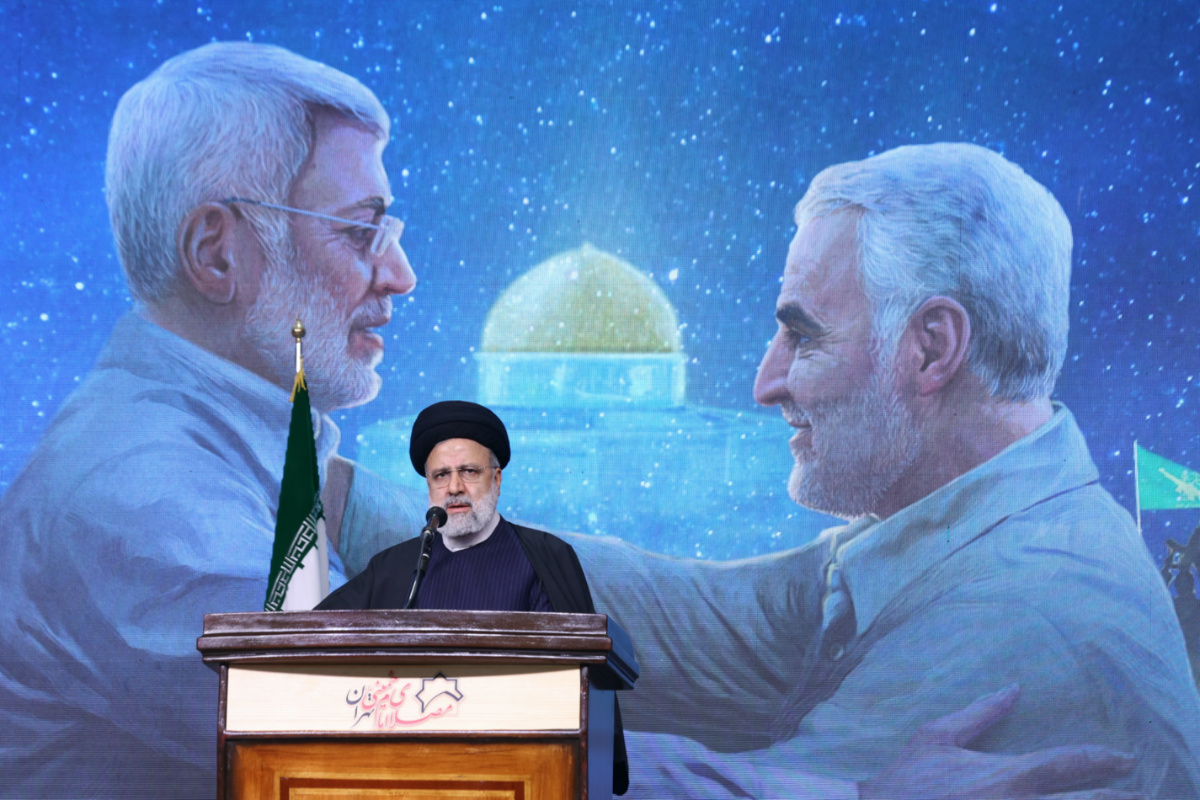 Iranian President Ebrahim Raisi gives a speech during a ceremony to mark the fourth anniversary of the killing of senior Iranian military commander General Qassem Soleimani in a US attack, in Tehran, Iran, on 3rd January, 2024.