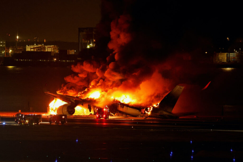 Japan Airlines' A350 airplane is on fire at Haneda international airport in Tokyo, Japan, on 2nd January 2024.