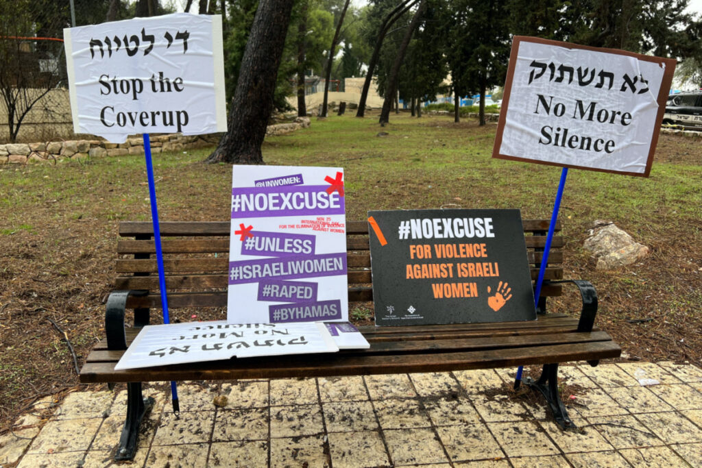 Signs against what protesters describe as international silence over sexual violence perpetrated against Israeli women during the attack by Palestinian Islamist group Hamas on southern Israel on 7th October, are displayed on a bench at a protest in Jerusalem, on 27th November, 2023