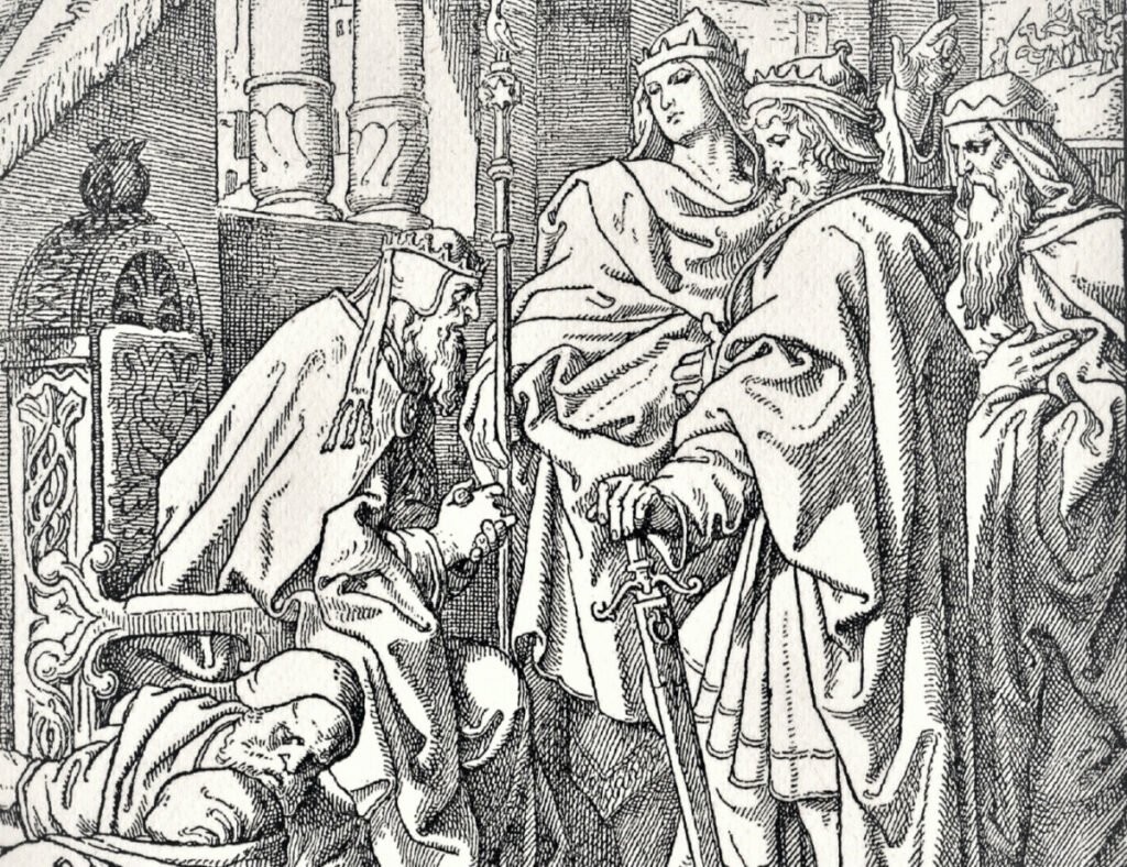 Three Magi consult with King Herod and advisors for whereabouts of the Christ child in Israel, Middle East. History