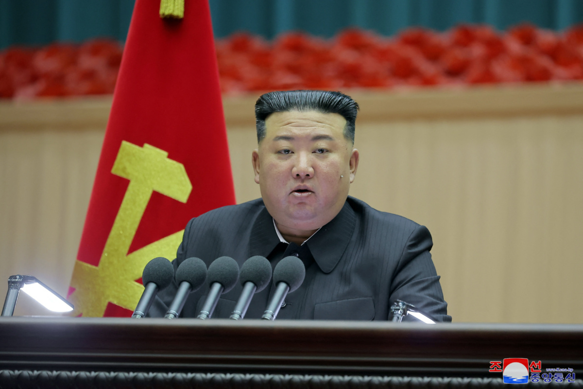 North Korea's leader Kim Jong Un speaks at the 5th National Meeting of Mothers in Pyongyang in this picture released by the Korean Central News Agency on 5th December, 2023