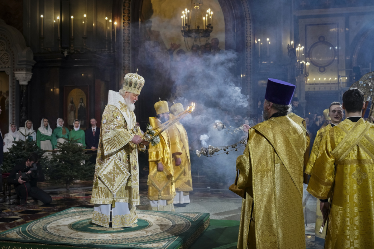 In this photo released by Russian Orthodox Church Press Service, Russian Orthodox Patriarch Kirill, centre left, delivers the Christmas service in the Christ the Saviour Cathedral in Moscow, Russia, on Sunday, 7th January, 2024. 