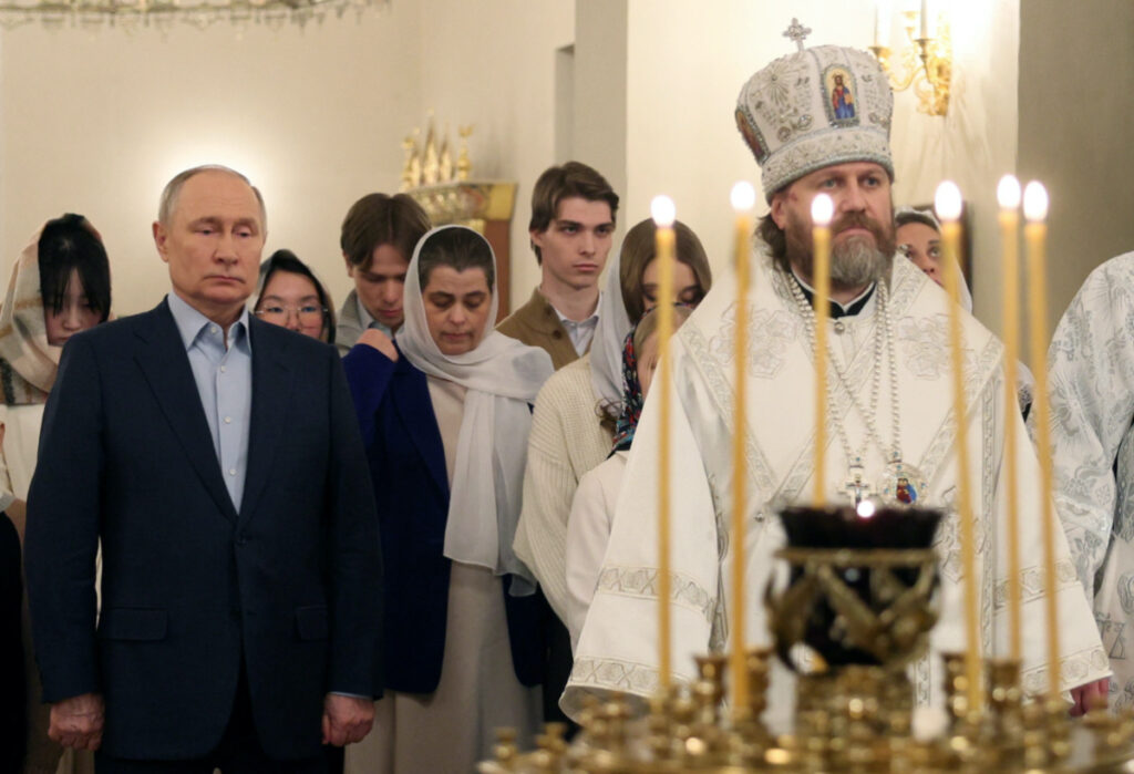 Russia's President Vladimir Putin attends the Orthodox Christmas liturgy at a cathedral on the territory of the Novo-Ogaryovo state residence outside Moscow, Russia, on 7th January, 2024.