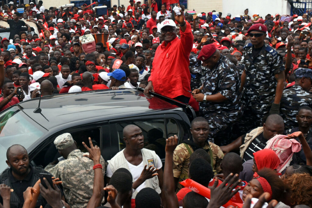 President of Sierra Leone Ernest Bai Koroma waves to supporters of the ruling All Peoples Congress party during a rally ahead of the 7th March presidential election in Makeni, Sierra Leone on 5th March, 2018.