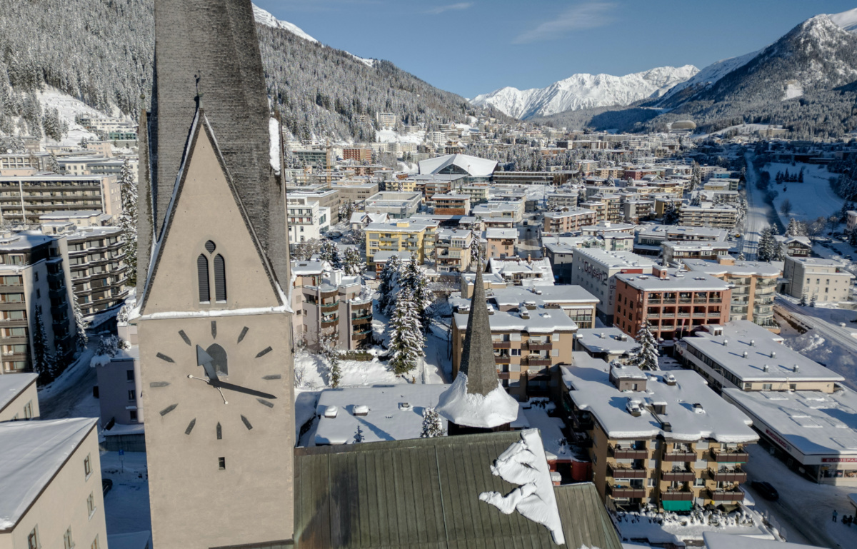 Overview of the town of Davos with the St Johann Church ahead of the annual meeting of the World Economic Forum, Switzerland, on 7th December, 2023