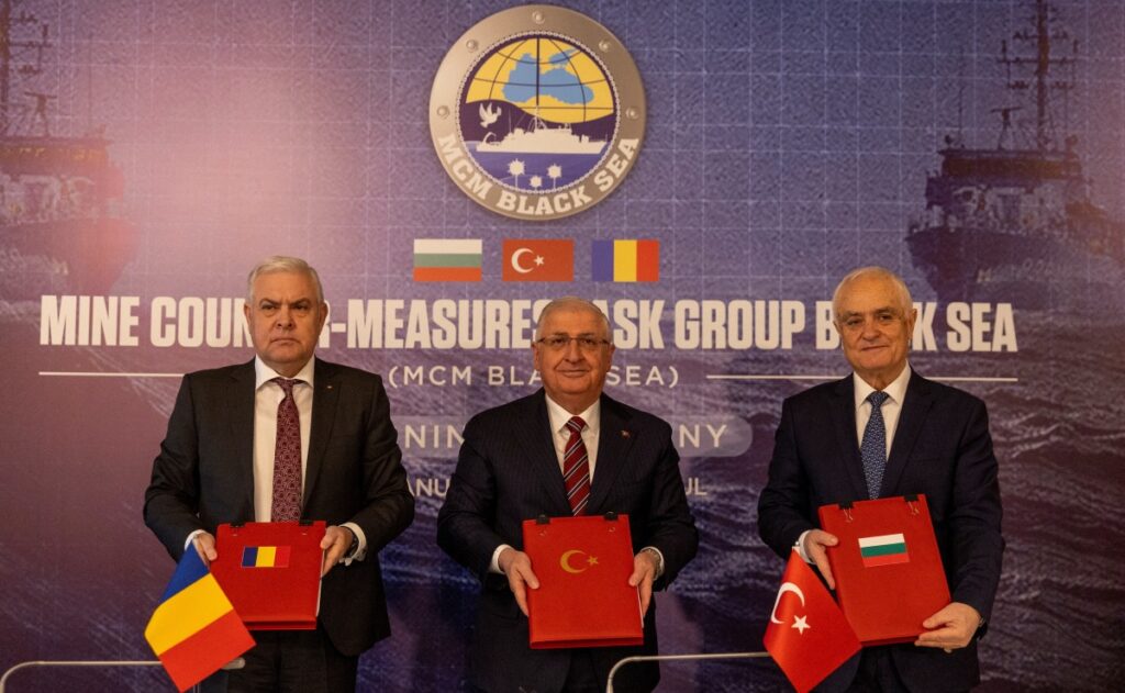 Turkish Defence Minister Yasar Guler, his Romanian counterpart Angel Tilvar and Bulgaria's Deputy Defence Minister Atanas Zapryanov attend a signing ceremony of a memorandum of understanding on establishing a mine countermeasures naval group in the Black Sea, aimed at clearing mines floating there as a result of the war in Ukraine, in Istanbul, Turkey, on 11th January, 2024