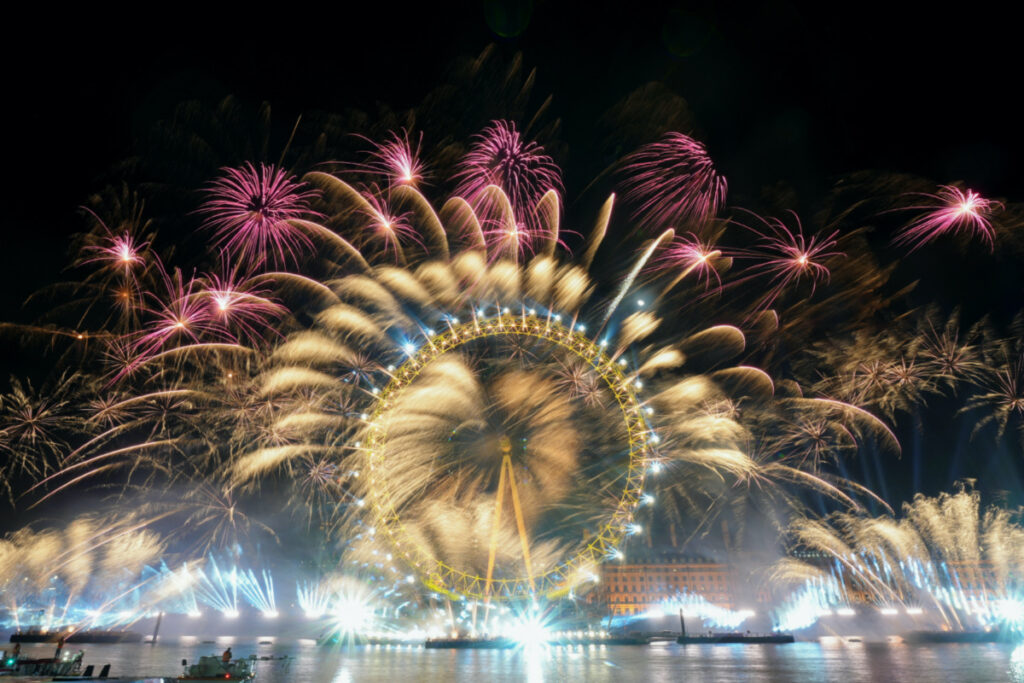 Fireworks explode over the London Eye Ferris wheel as Britons across the country welcome the New Year, in London, Britain, on 1st January, 2024