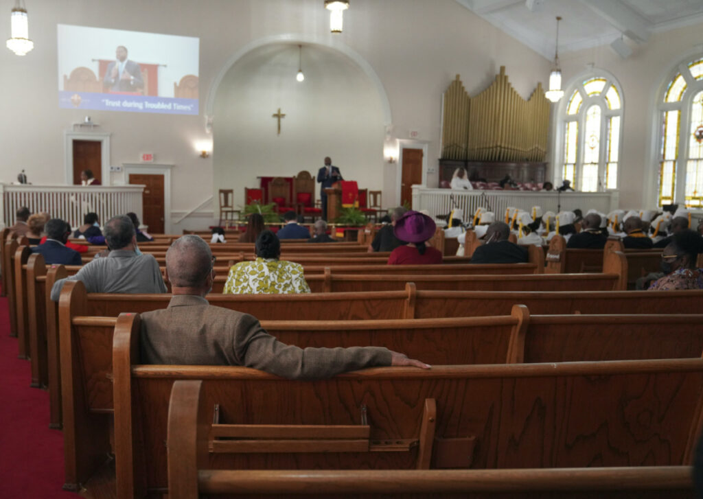 Congregants sit in largely empty pews during service at Zion Baptist Church, on 16th April, 2023, in Columbia, South Carolina