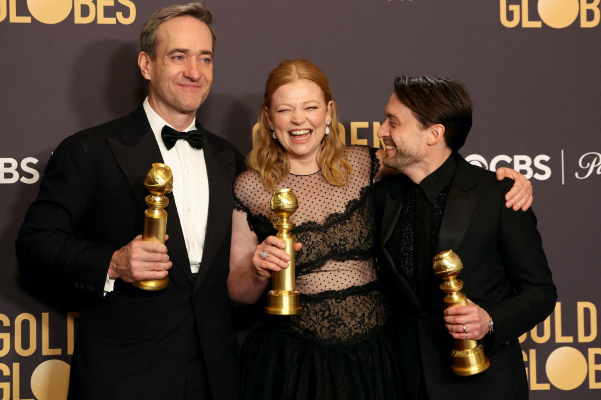 Sarah Snook,  Matthew Macfadyen, and Kieran Kulkin pose with the awards for Best Television Series - Drama, Best Performance by a Male Actor in a Supporting Role on Television, and Best Performance by a Male Actor in a Television Series 