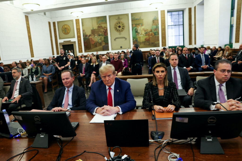 Former US President Donald Trump, with lawyers Christopher Kise, Alina Habba, and Clifford Robert, attends the closing arguments in the Trump Organization civil fraud trial at New York State Supreme Court in the Manhattan borough of New York City, US, on 11th January, 2024