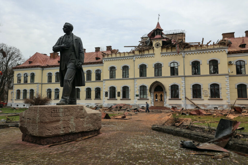 A view shows the university building damaged by a Russian drone strike, where Stepan Bandera, one of the founders of the Organization of Ukrainian Nationalists (OUN), studied, amid Russia's attack on Ukraine, in the town of Dubliany, Lviv region, Ukraine, on 1st January, 2024