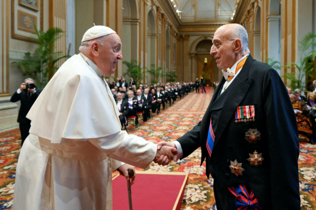 Pope Francis greets a member of the diplomatic corps accredited to the Vatican, at the Vatican on 8th January, 2024.