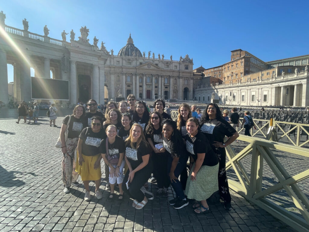 JoAnn Melina Lopez, farthest right, who attended a pilgrimage of young adults in Rome to pray for the synod delegates and join in opening events in early October 2023.